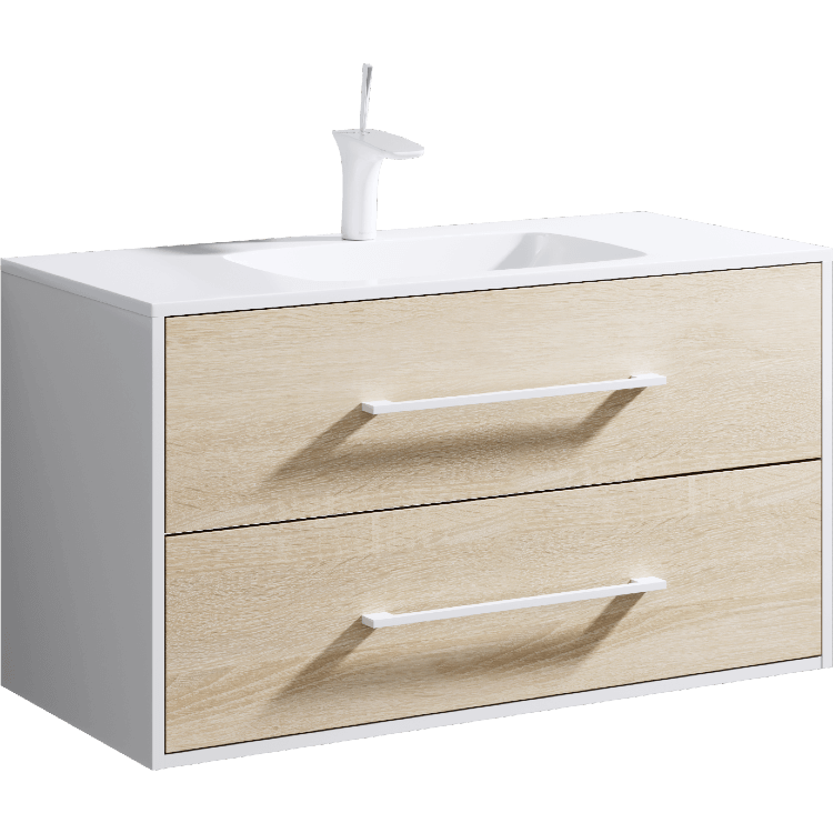 Подвесная тумба с двумя ящиками с умывальником из литьевого мрамора.